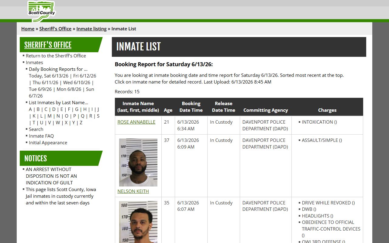 Scott County daily booking report with inmate record links