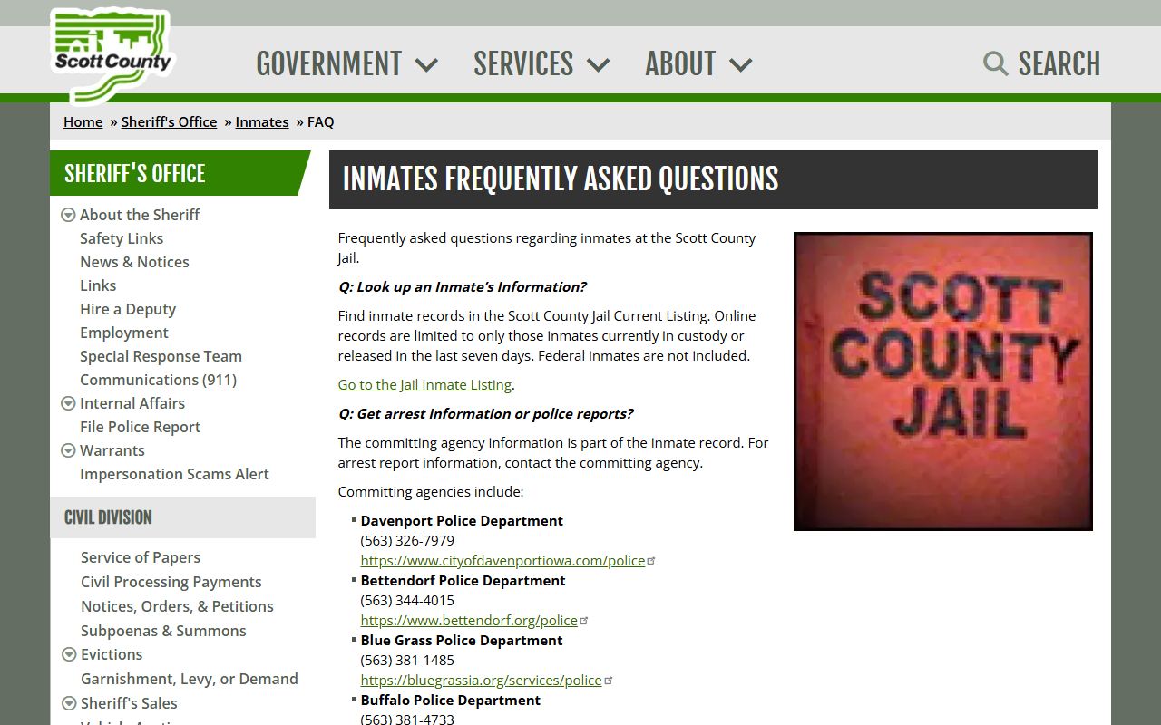 Scott County inmate FAQ for jail record access channels