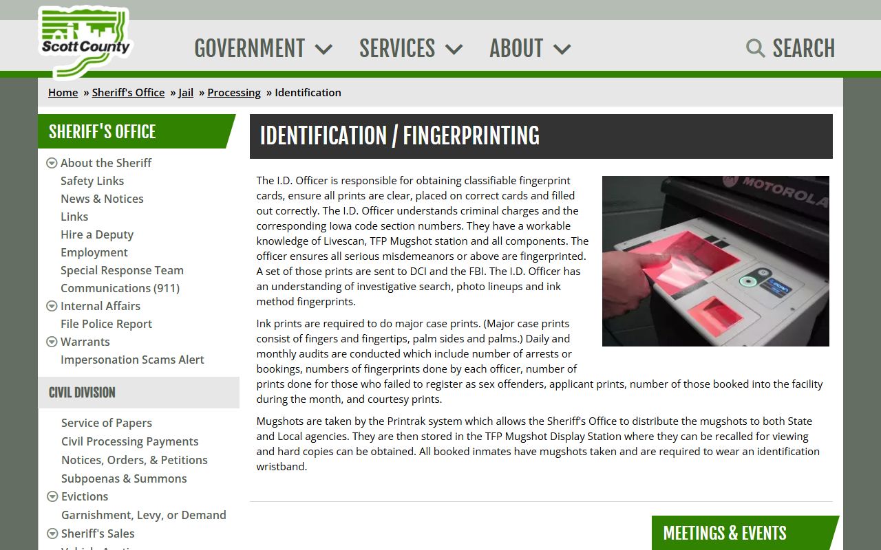 Scott County jail identification page describing mugshots and booking photos