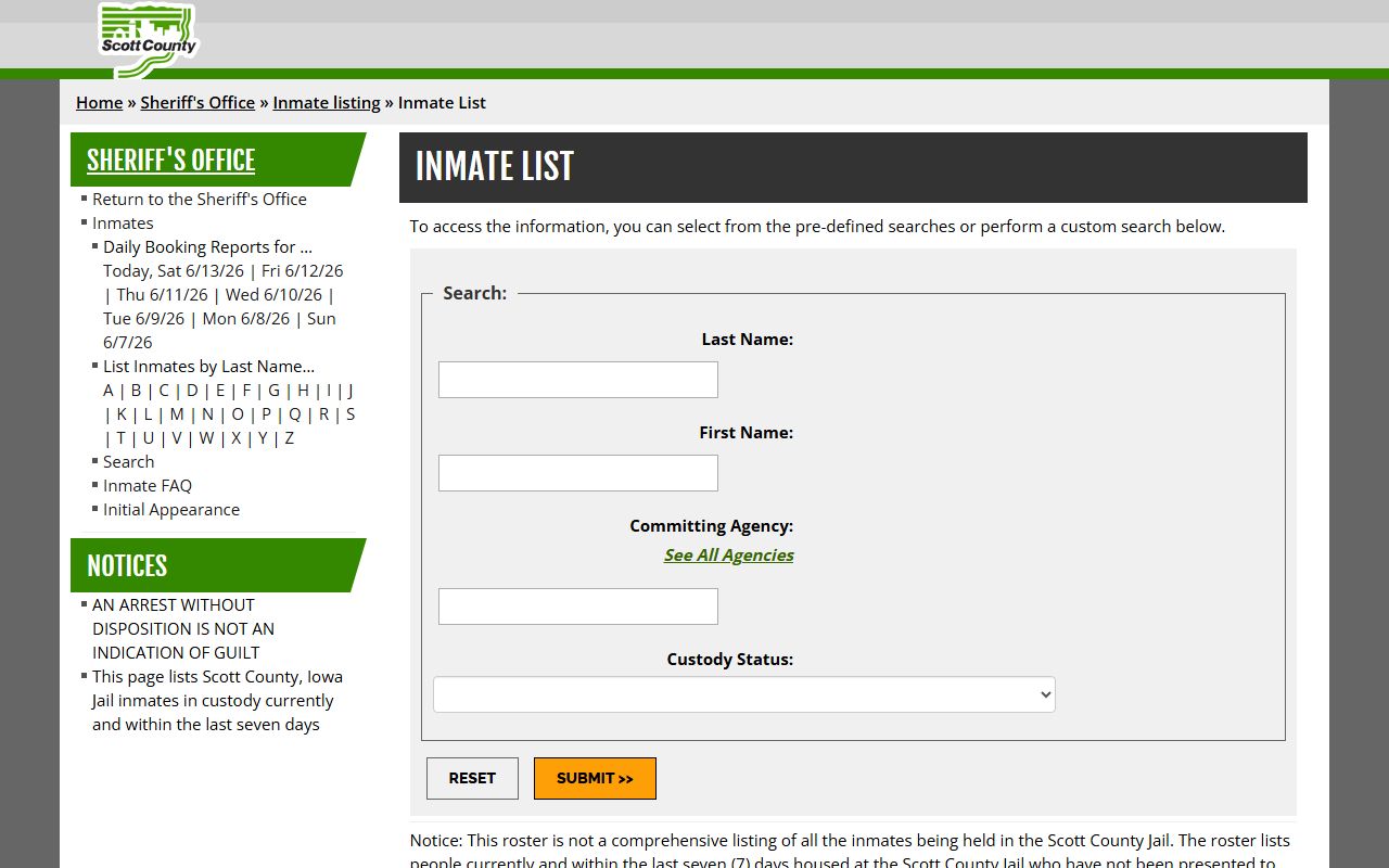 Scott County inmate population jail roster search fields